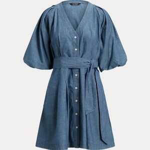 Ralph Lauren Belted Denim Bubble-Sleeve Shirtdress